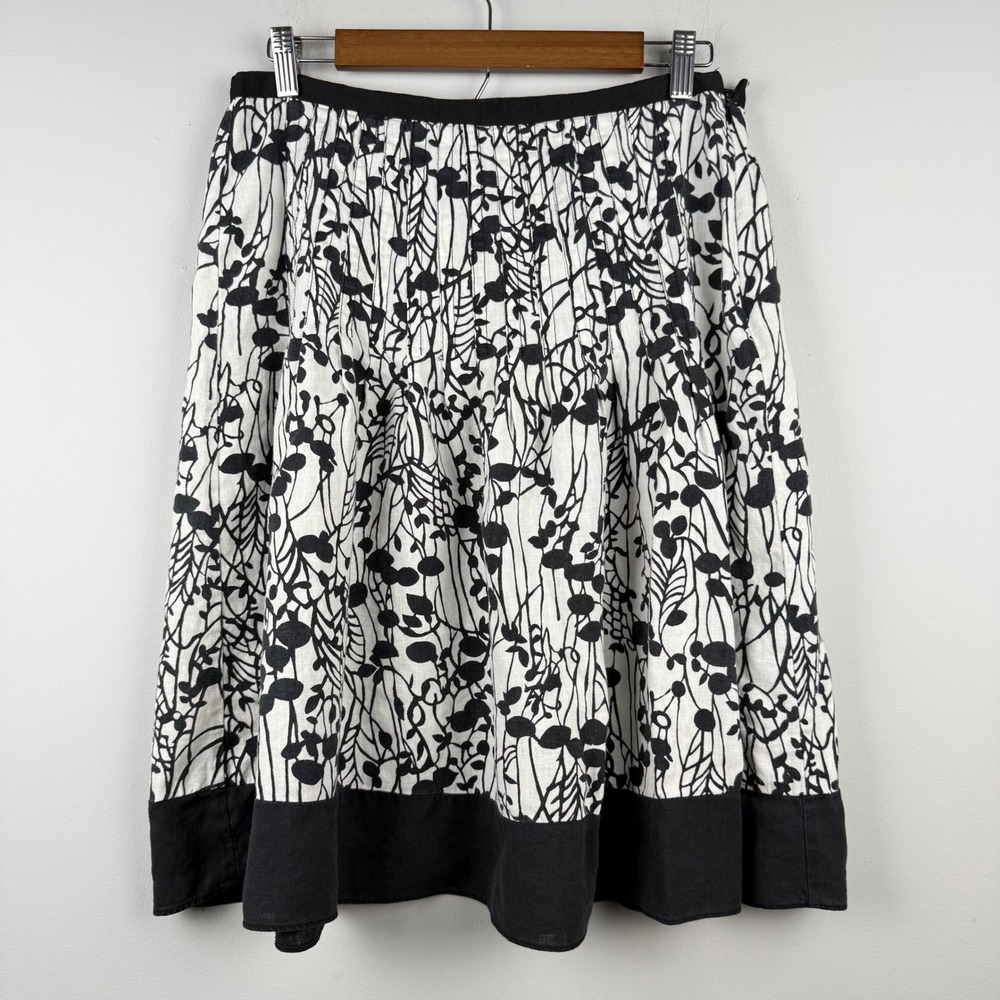 Womens A-line Midi Skirt Size 8 Black White‎ Linen Blend Floral Pleated Office